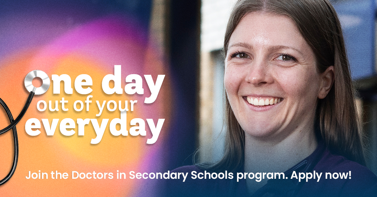 A female GP smiles within a promotion banner promoting the Doctors in Secondary Schools program