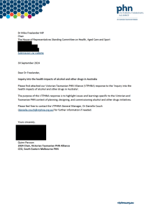 Front cover of the VTPHNA submission to the Parliament of Australia Inquiry into the Health Impacts of Alcohol and Other Drugs in Australia